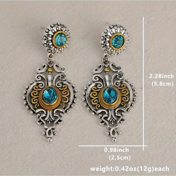 Victorian Style Blue Crystal Dangle Earrings Filigree Duel Tone - Picture 2 of 2